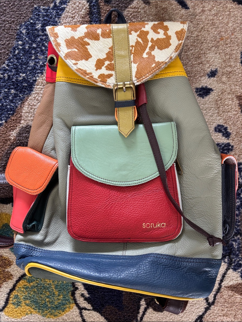 Soruka Multicolor Patchwork Leather Backpack - Red, Mint & Blue Accents